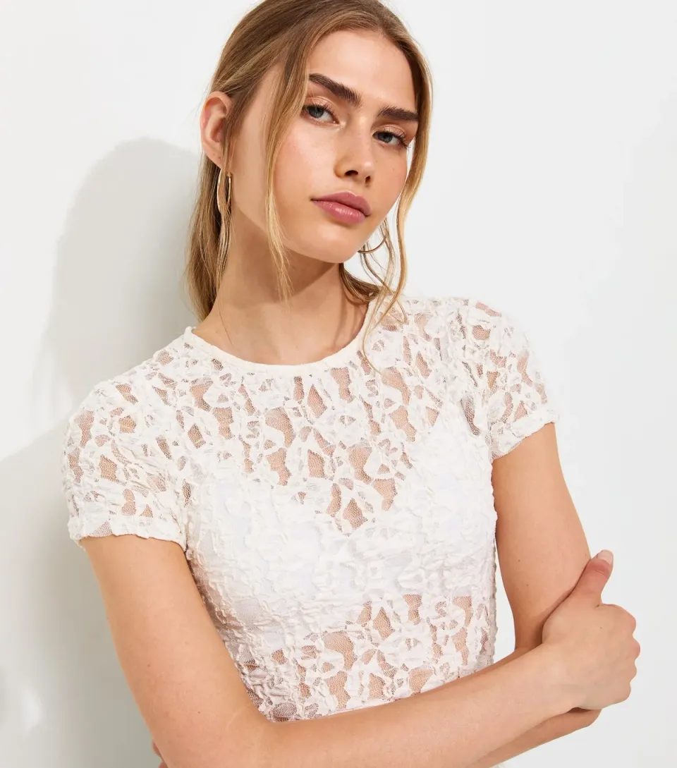 Women's Cream Sheer Lace Baby Tee T-Shirt