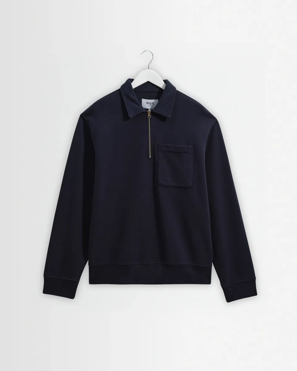 Reeve - Washed Navy Loopback Organic Cotton Collared Sweatshirt