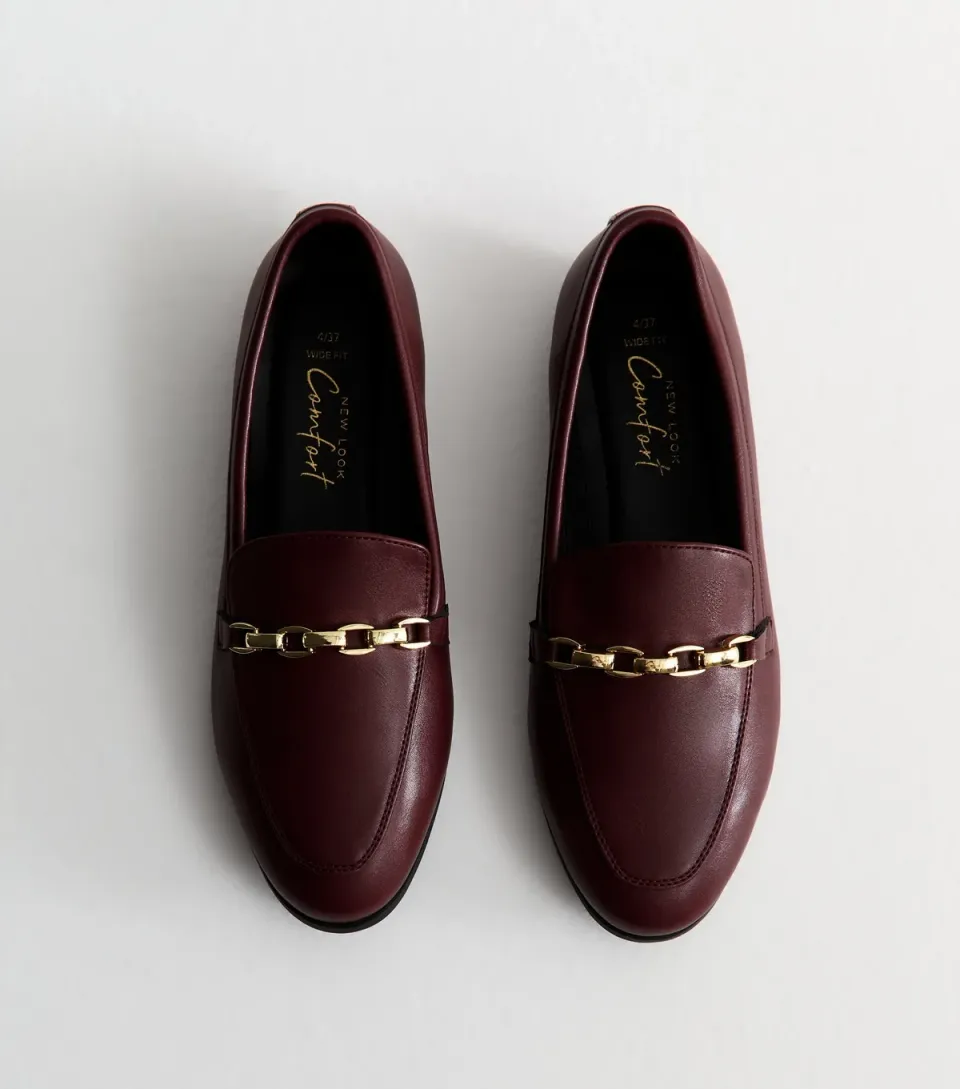 Women's Wide Fit Dark Burgundy Faux Leather Chain Trim Loafers Vegan