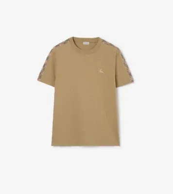 Check Trim Cotton T-shirt in Sparrow beige