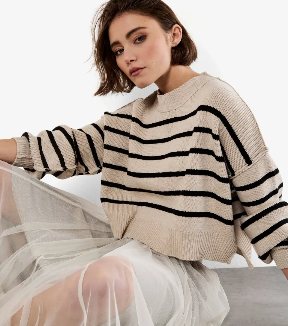 Women's Stone Striped Slit Hem Jumper