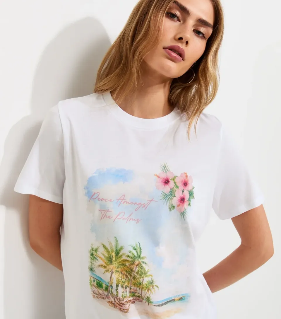 Women's White Cotton Palm Tree Print Relaxed T-Shirt