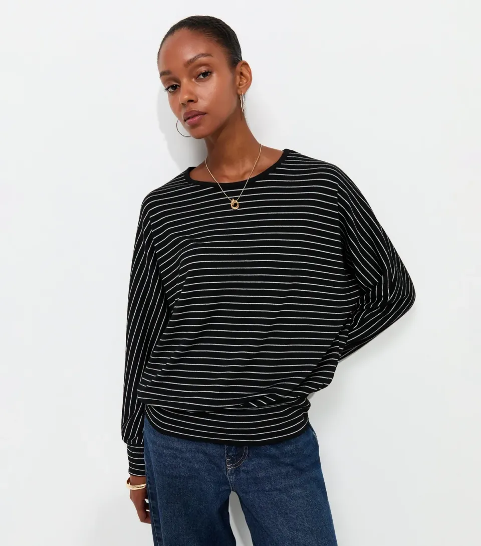 Women's Black Soft Touch Striped Batwing Sleeve Top