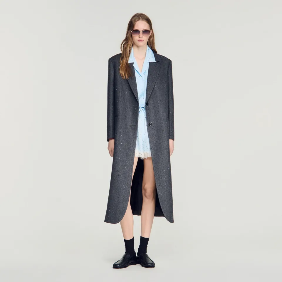 Long wool coat with rhinestones