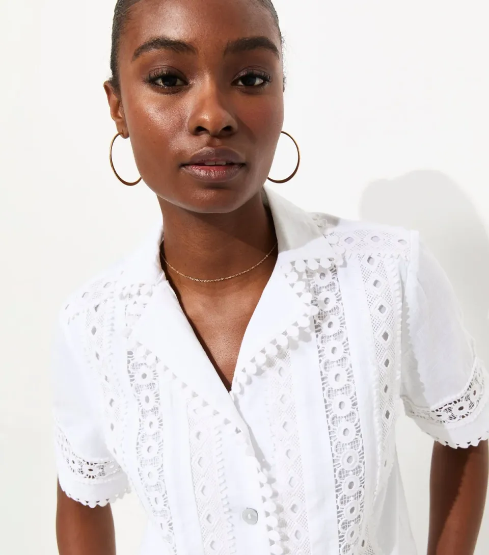 Women's White Embroidered Lace Trimmed Cropped Shirt