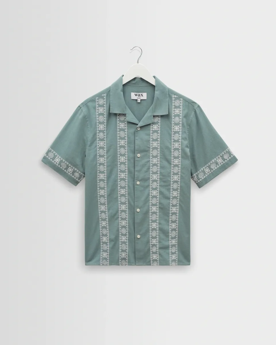 Didcot - Sea Green and Ecru Embroidered Short-Sleeve Shirt