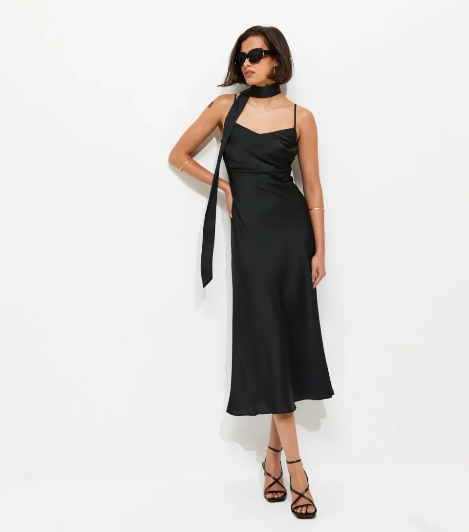 Women's Black Satin Slip Midi Dress with Scarf