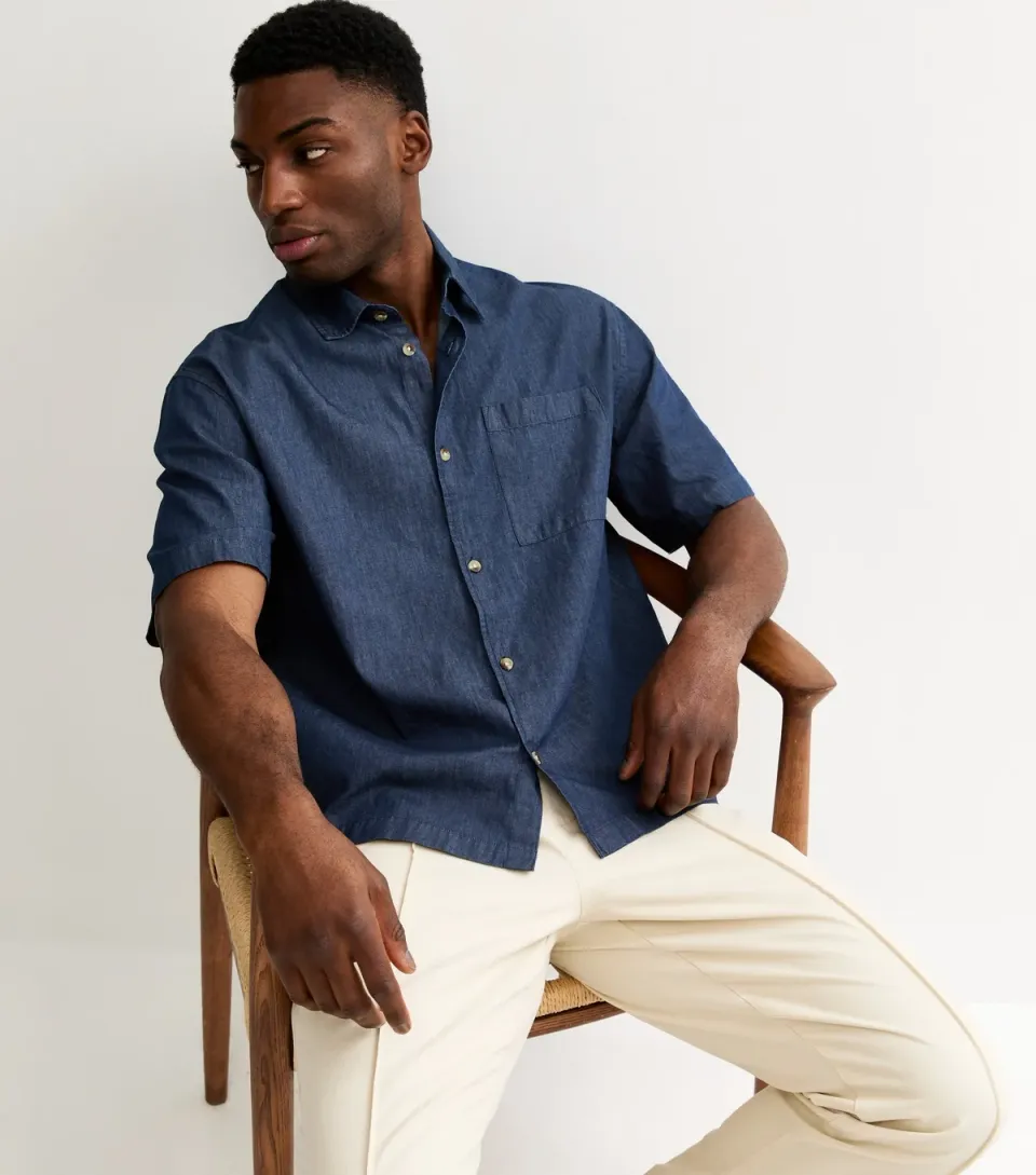 Men's Blue Boxy Denim Short Sleeve Shirt