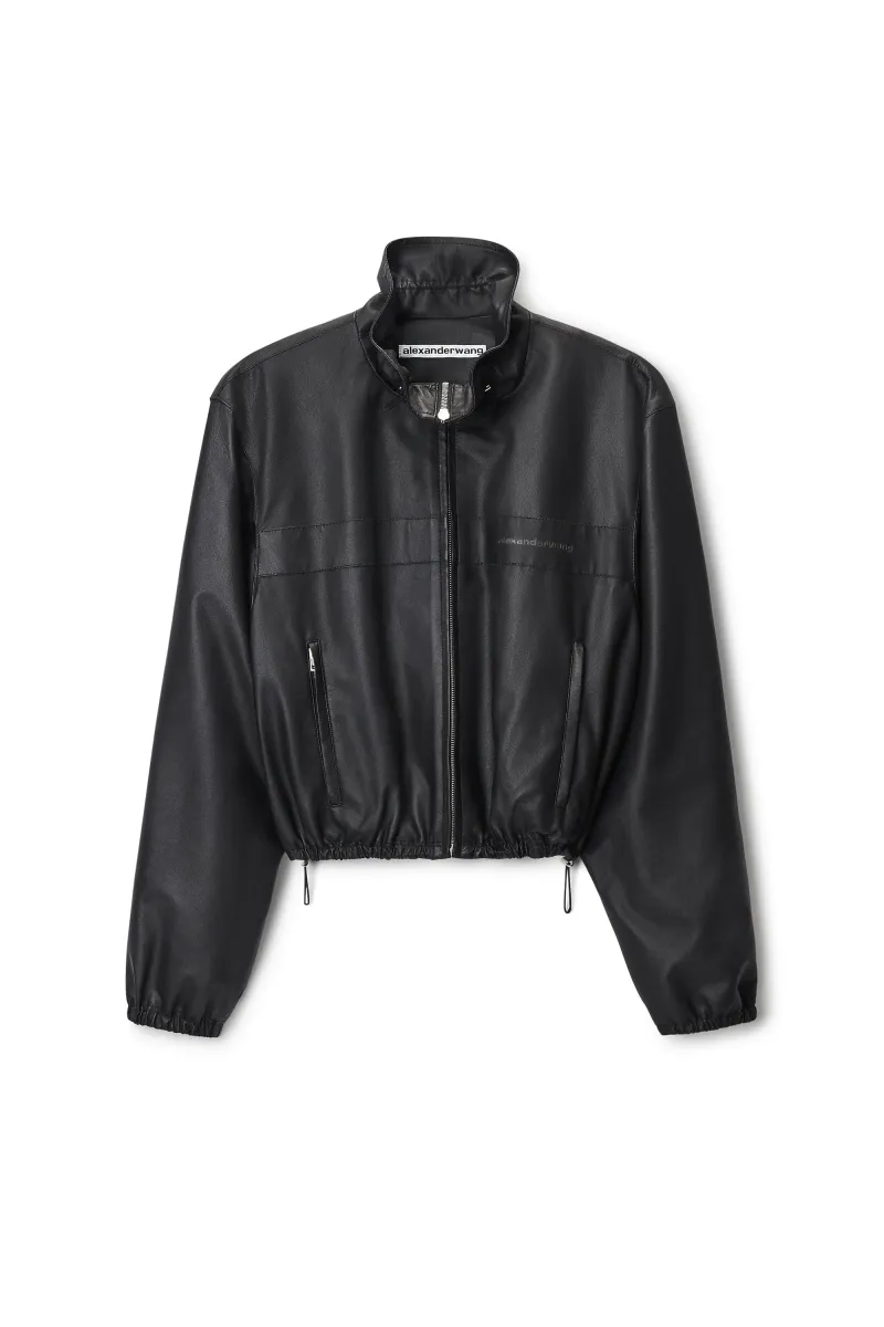 Cropped Leather Jacket with Gathered Collar