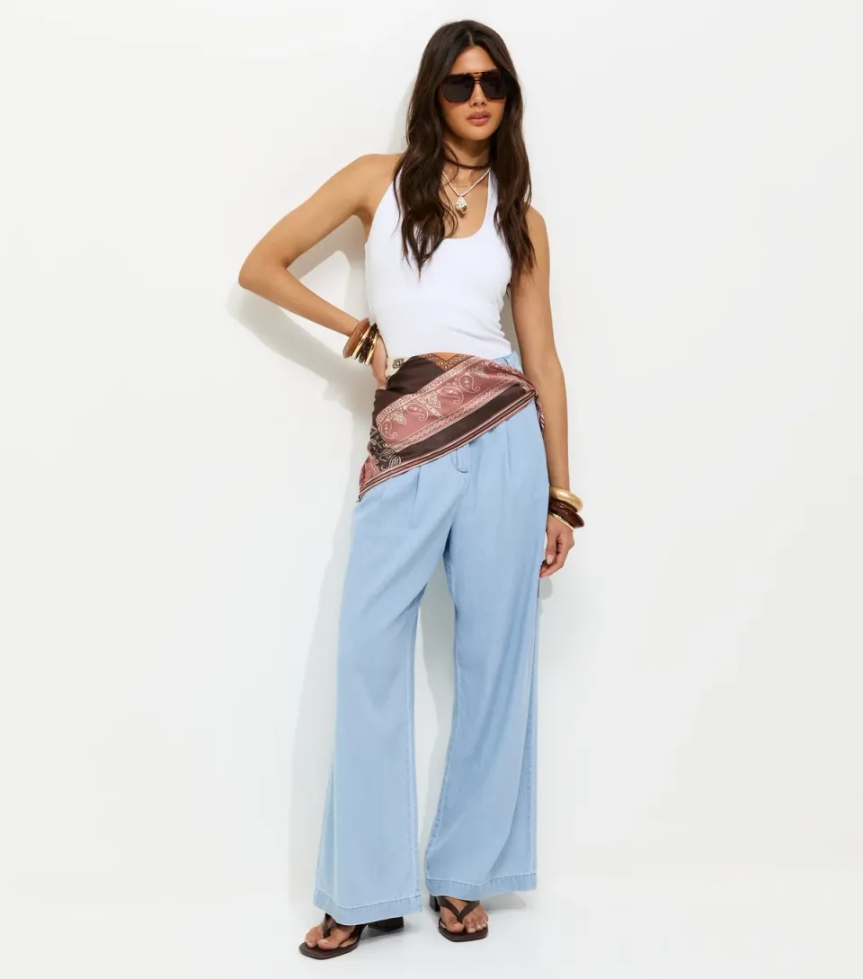 Women's Blue Pleated Wide Leg Trousers