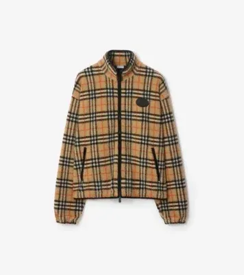 Check Wool Cashmere Blend Fleece in Sand beige