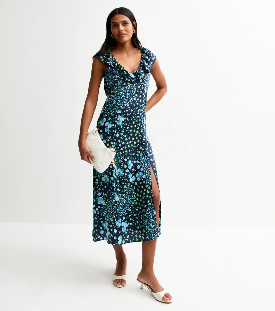 Women's Black Rose Print Slit Hem Midi Dress