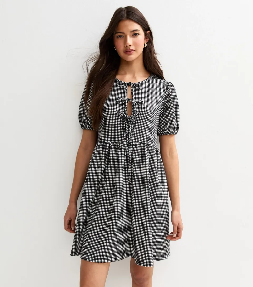 Women's Black Gingham Check Tie Front Mini Dress