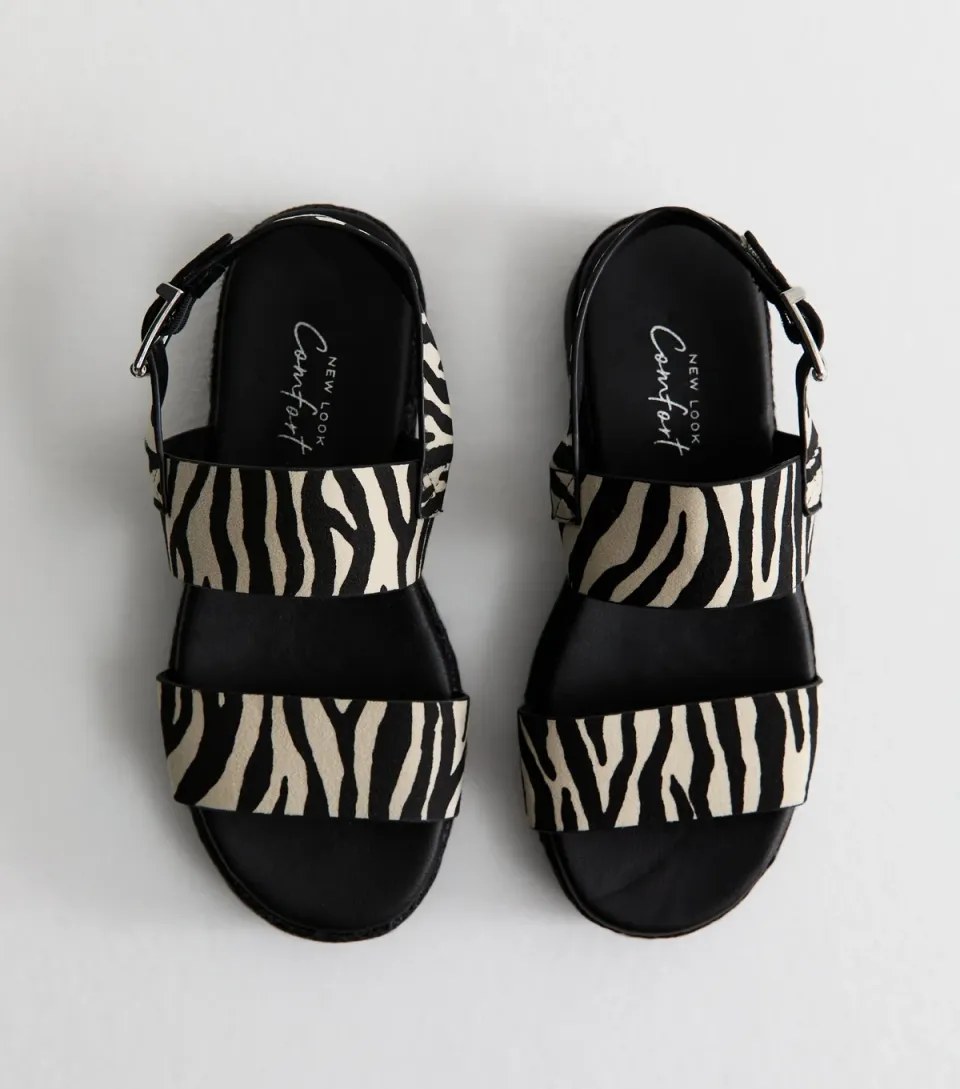 Women's Wide Fit Black Faux Suede Zebra Print Flatform Sandals Vegan