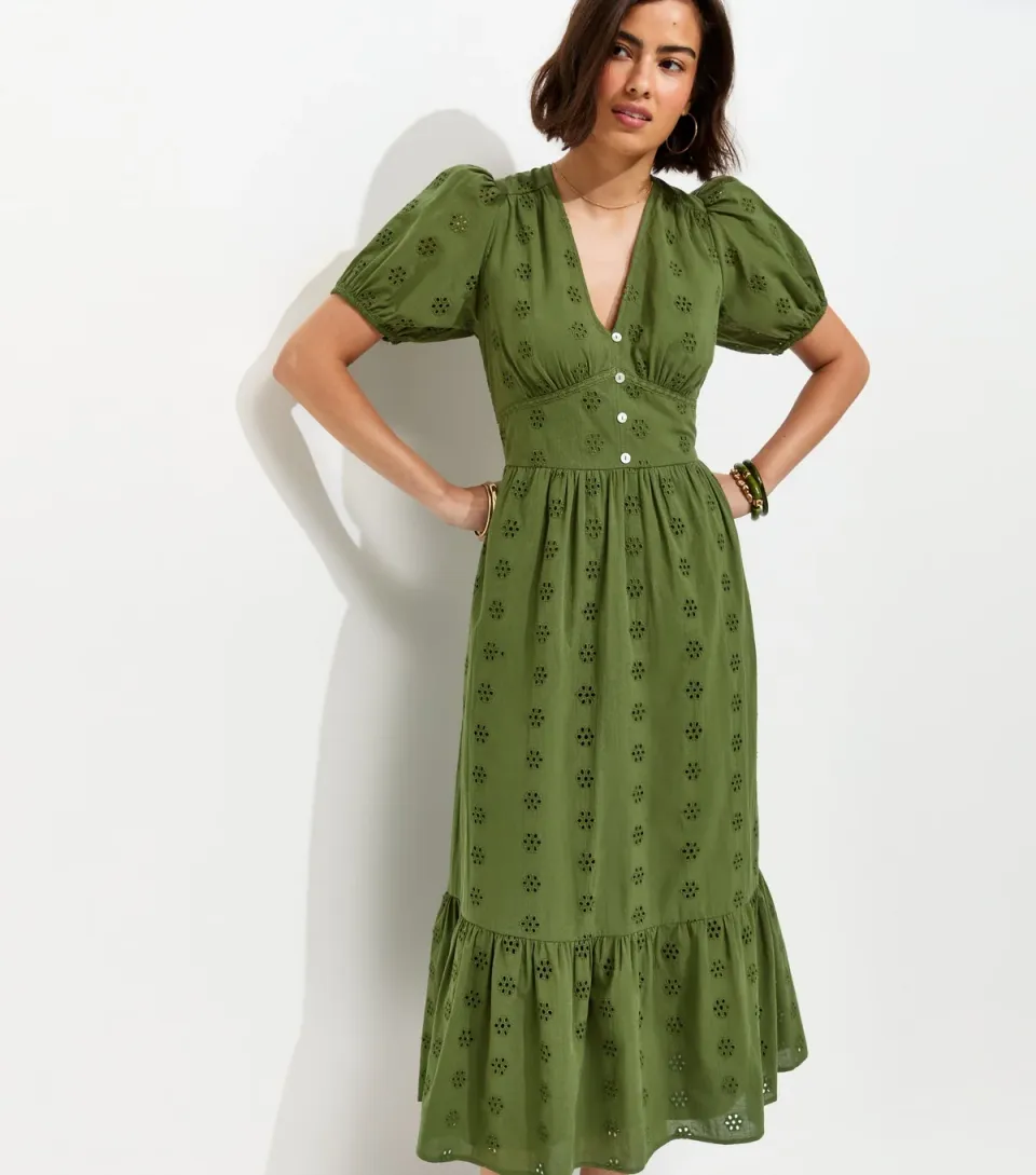 Women's Dark Khaki Cotton Broderie Anglaise Puff Sleeve Midi Dress
