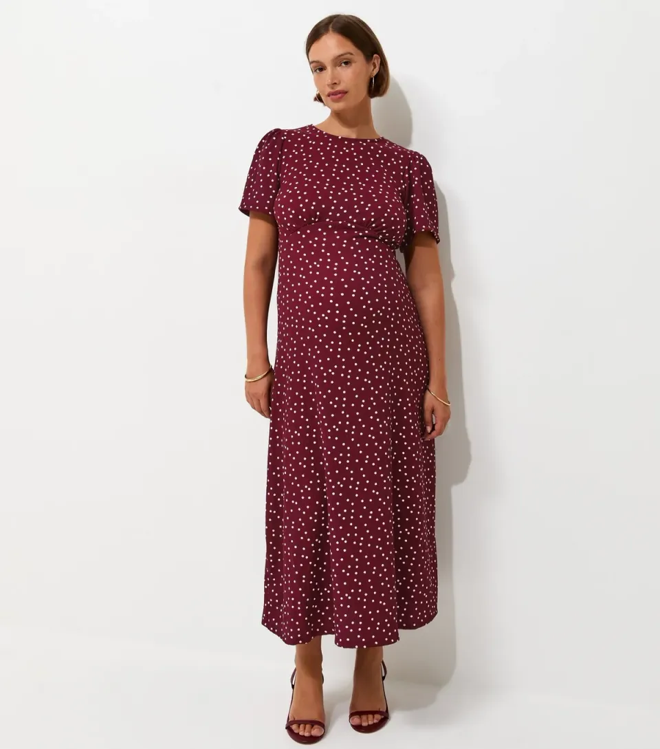 Women's Maternity Red Spot Print Crinkle Texture Midi Dress