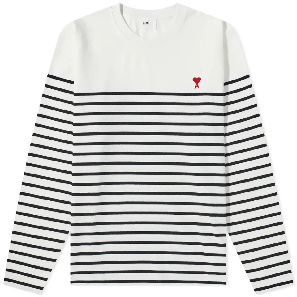 AMI Long Sleeve Small A Heart Striped T-Shirt