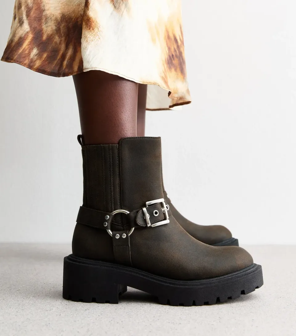 Women's Black Chunky Buckle Biker Boots Vegan