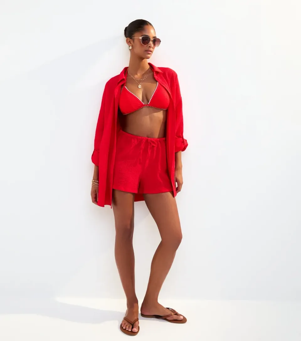 Women's Red Textured Drawstring Shorts