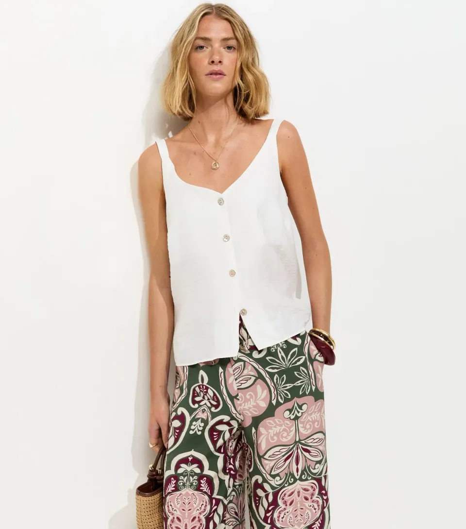 Women's Off White Button Front V-Neck Cami Top