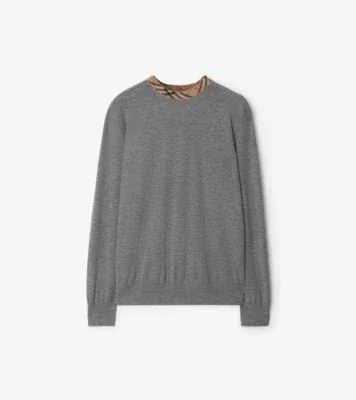 Check Trim Wool Sweater in Grey