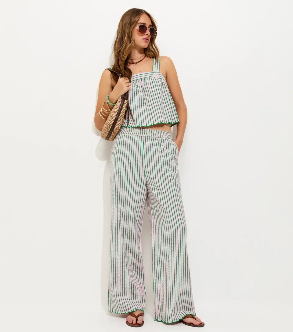 Women's Pink Cotton Seersucker Scalloped Edge Trousers