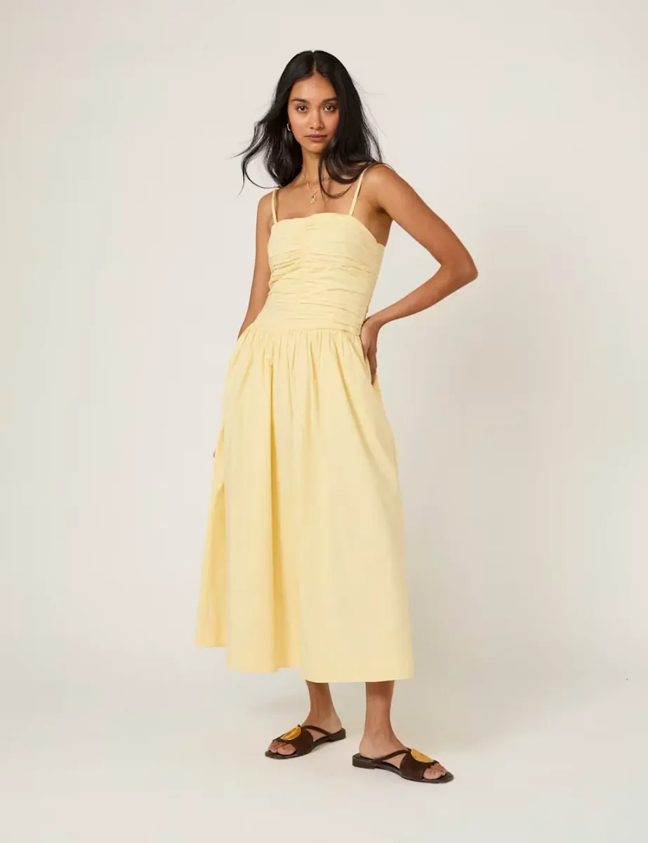 Pure Cotton Midi Waisted Dress Yellow