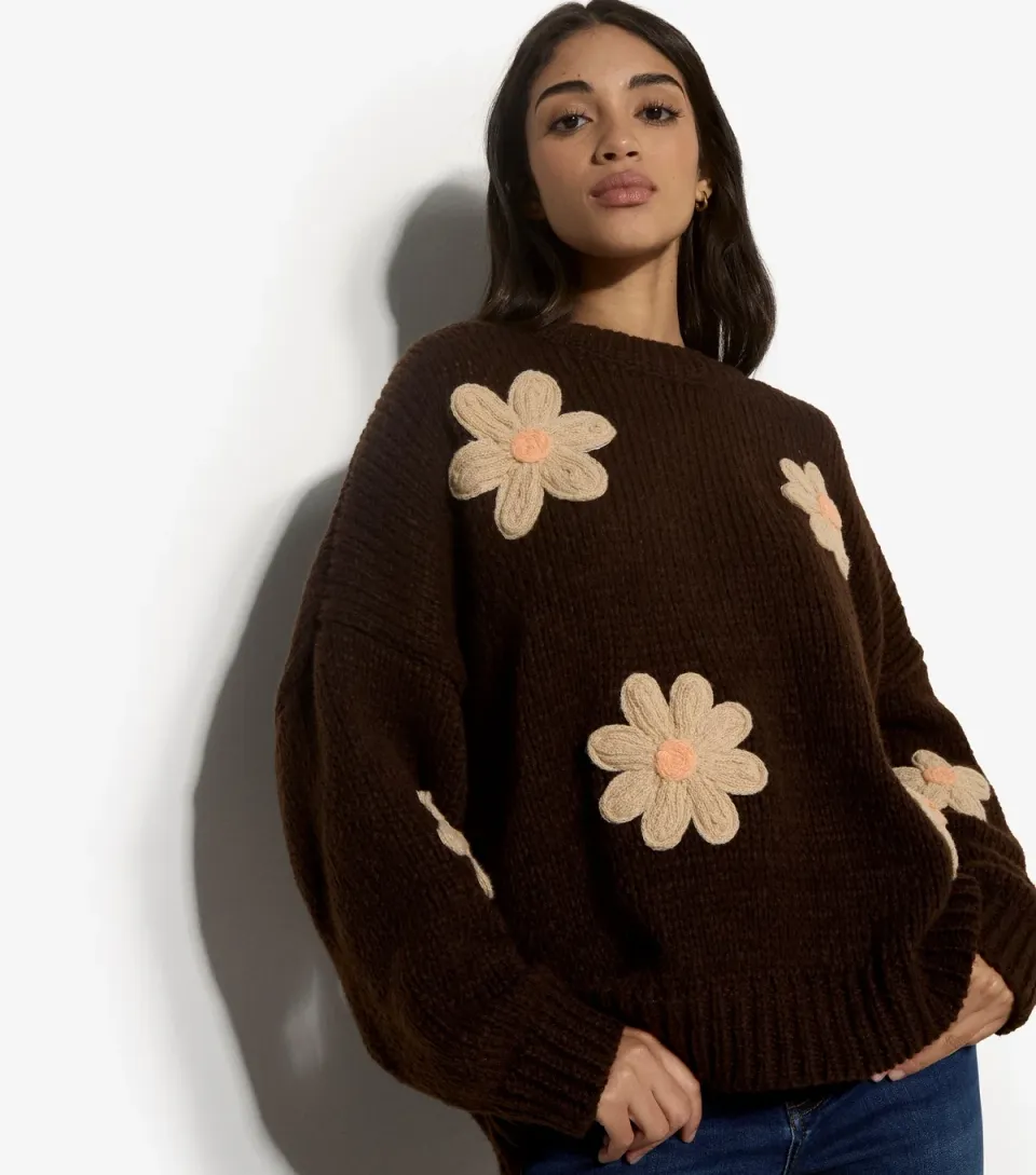 Women's Brown Embroidered Daisies Jumper