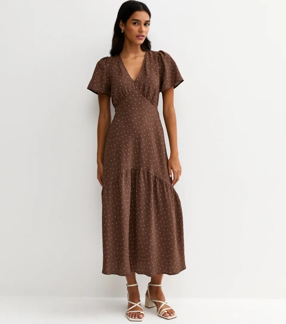 Women's Brown Spot Print Tiered Midi Tea Dress