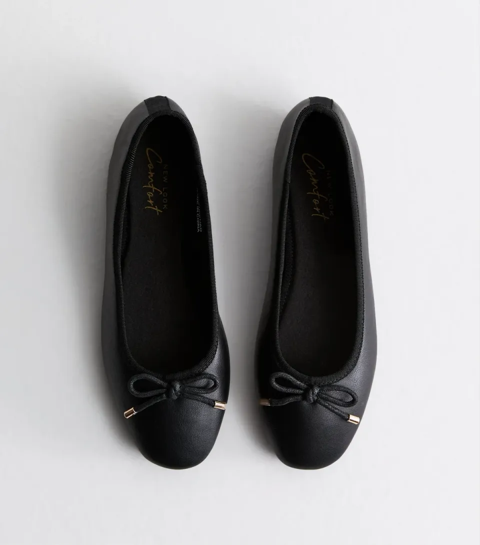 Women's Black Leather-Look Ballerina Pumps