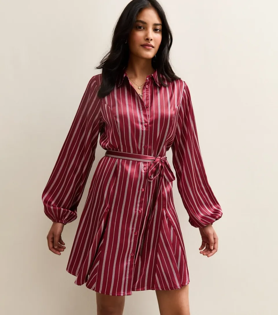 Women's Burgundy Striped Satin Mini Shirt Dress