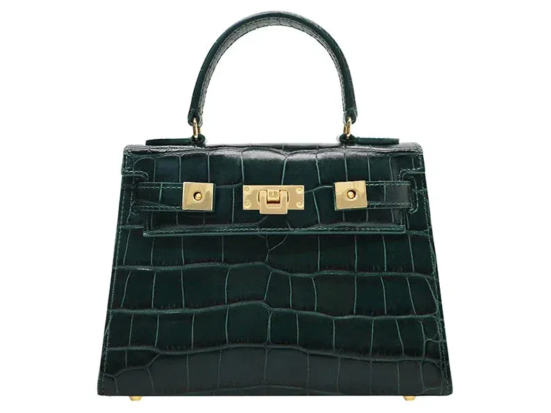 Maya Midi Orinoco 'Croc' Print Calf Leather Handbag - Dark Green - 2