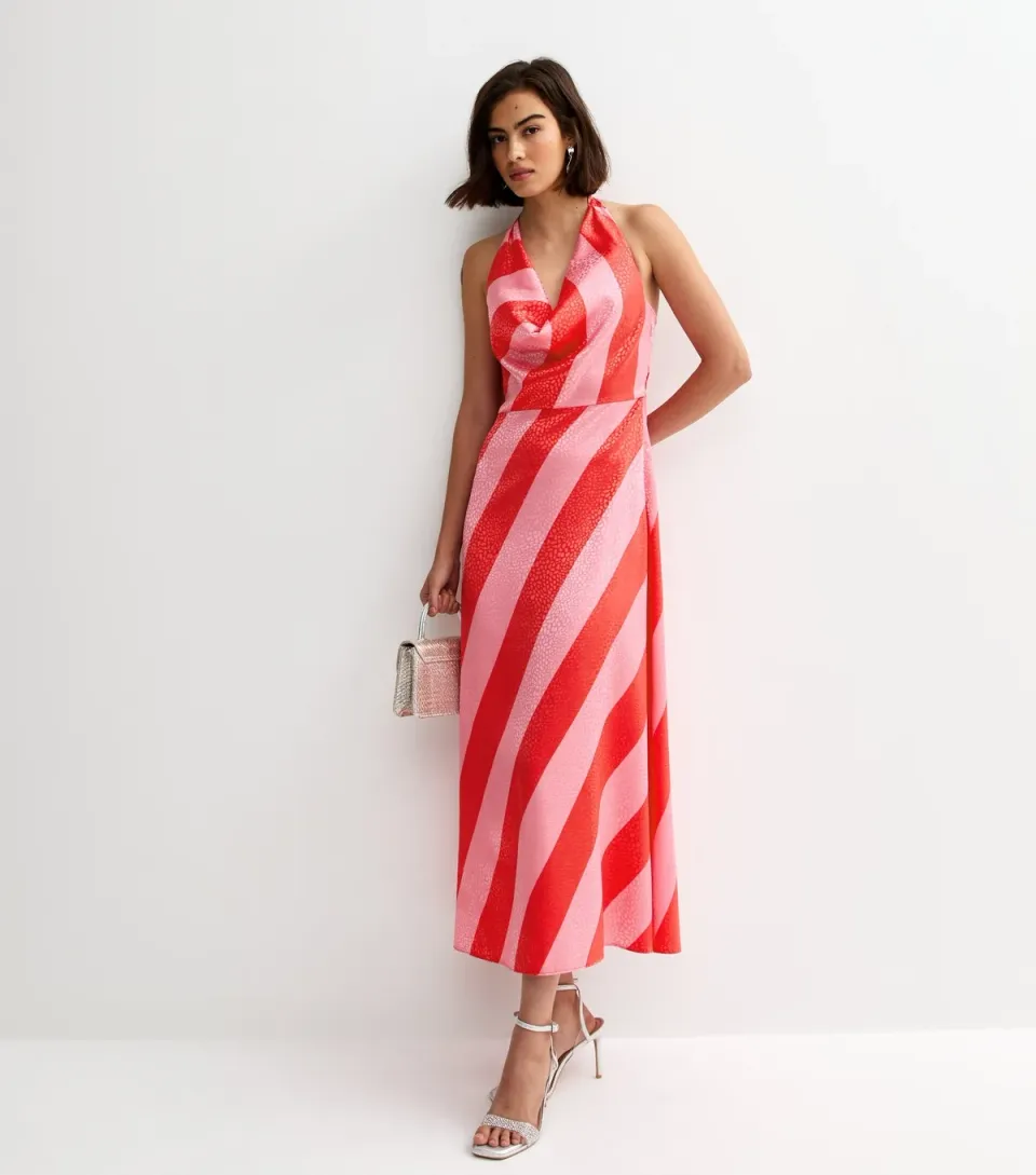 Women's Pink Satin Striped Halter Neck Midi Dress
