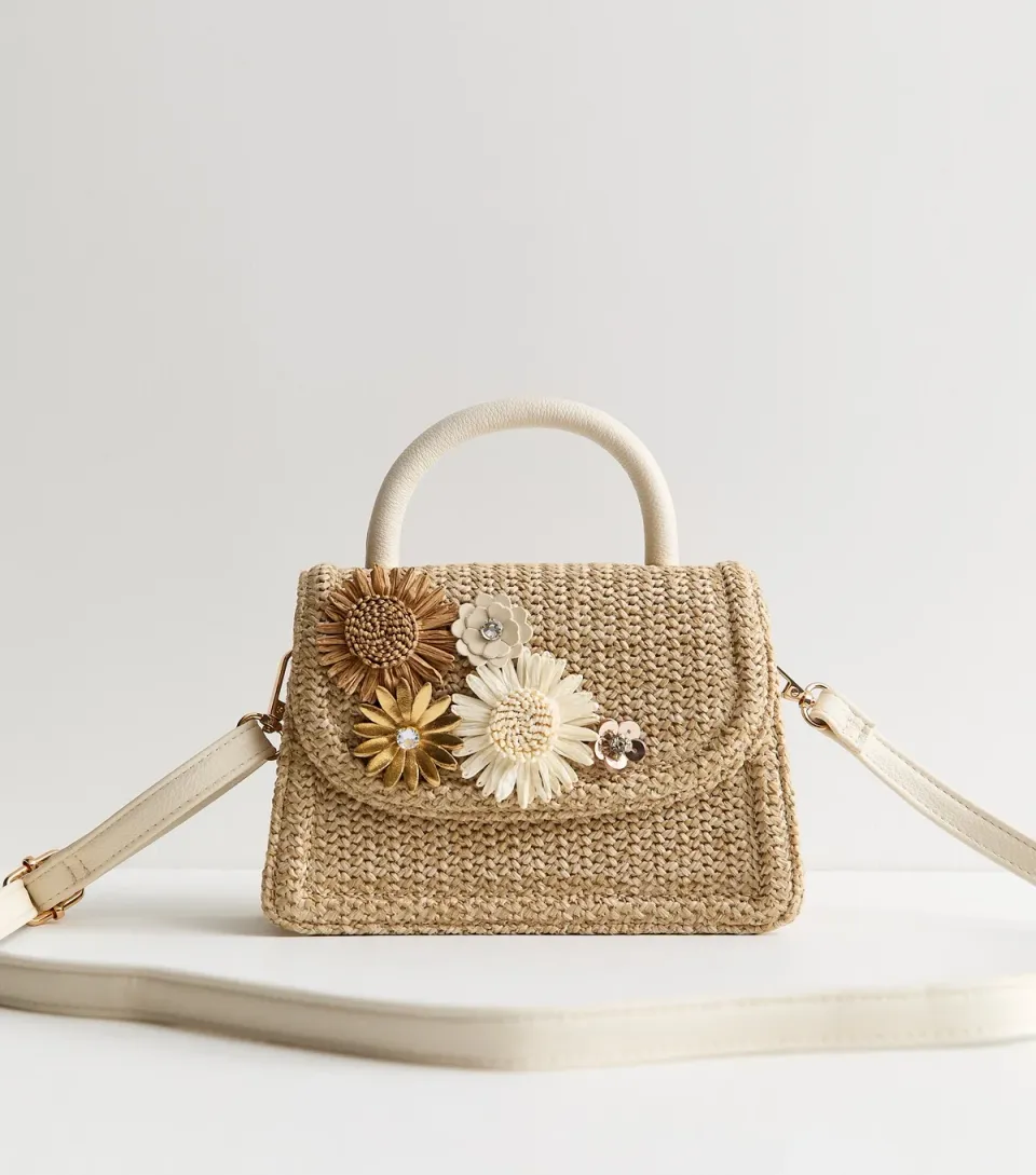 Stone Woven Floral Corsage Top Handle Bag