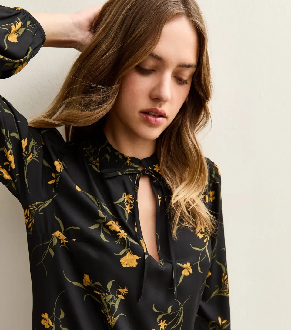 Women's Black Botanical Crepe Smock Midi Dress
