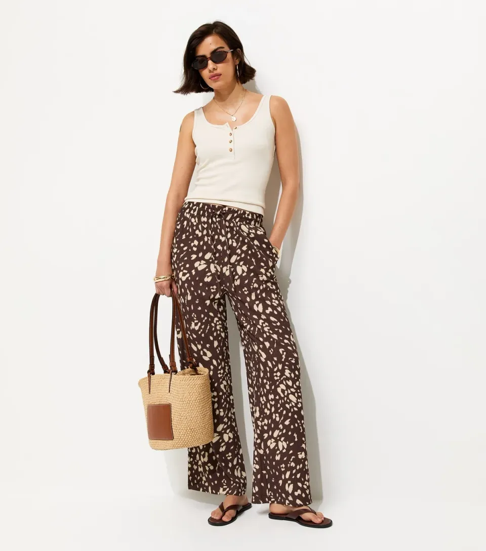 Women's Brown Animal Print Crinkled Wide Leg Trousers