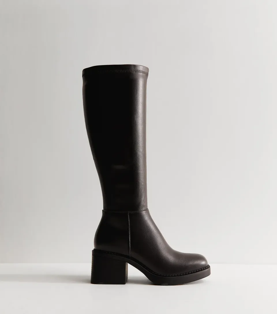 Women's Dark Brown Stretchy Faux Leather Square Toe High Leg Boots Vegan
