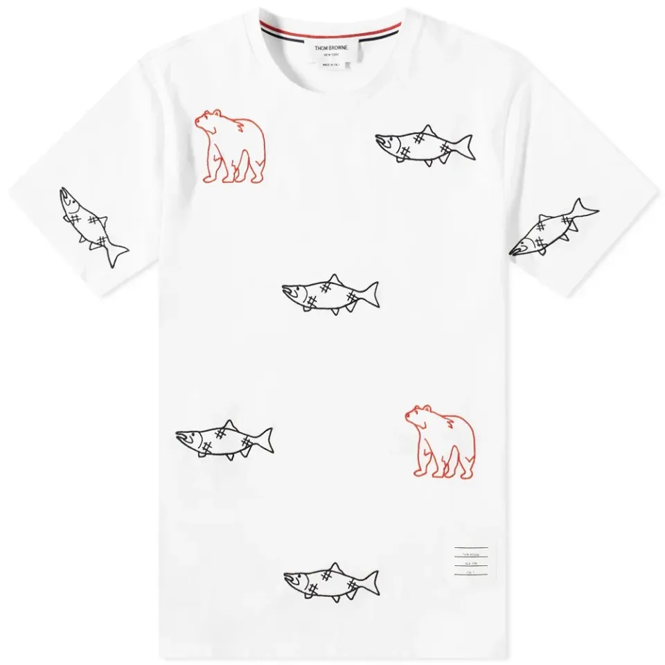 Bear And Salmon Embroidered T-Shirt