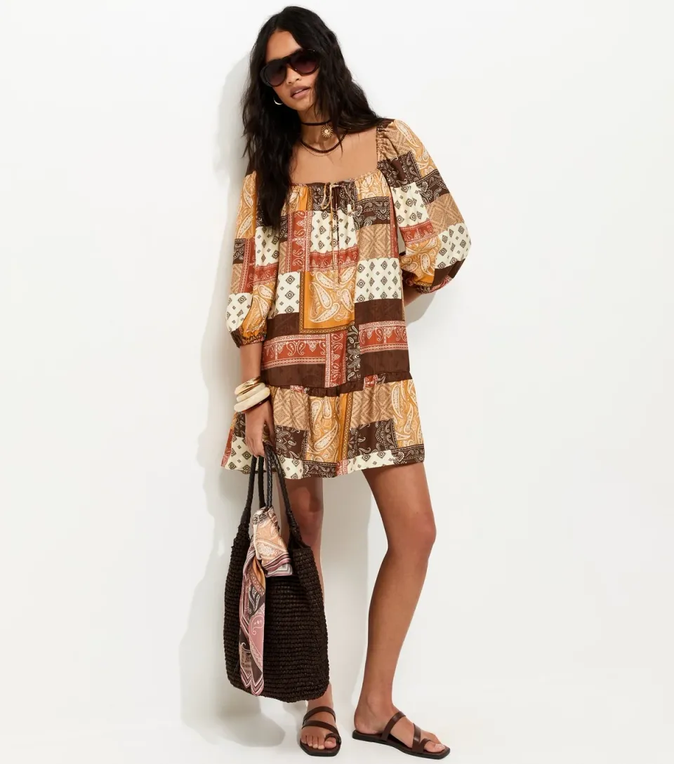 Women's Brown Patchwork Print Smock Mini Dress
