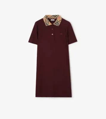 Check Collar Cotton Polo Shirt Dress in Vineyard red