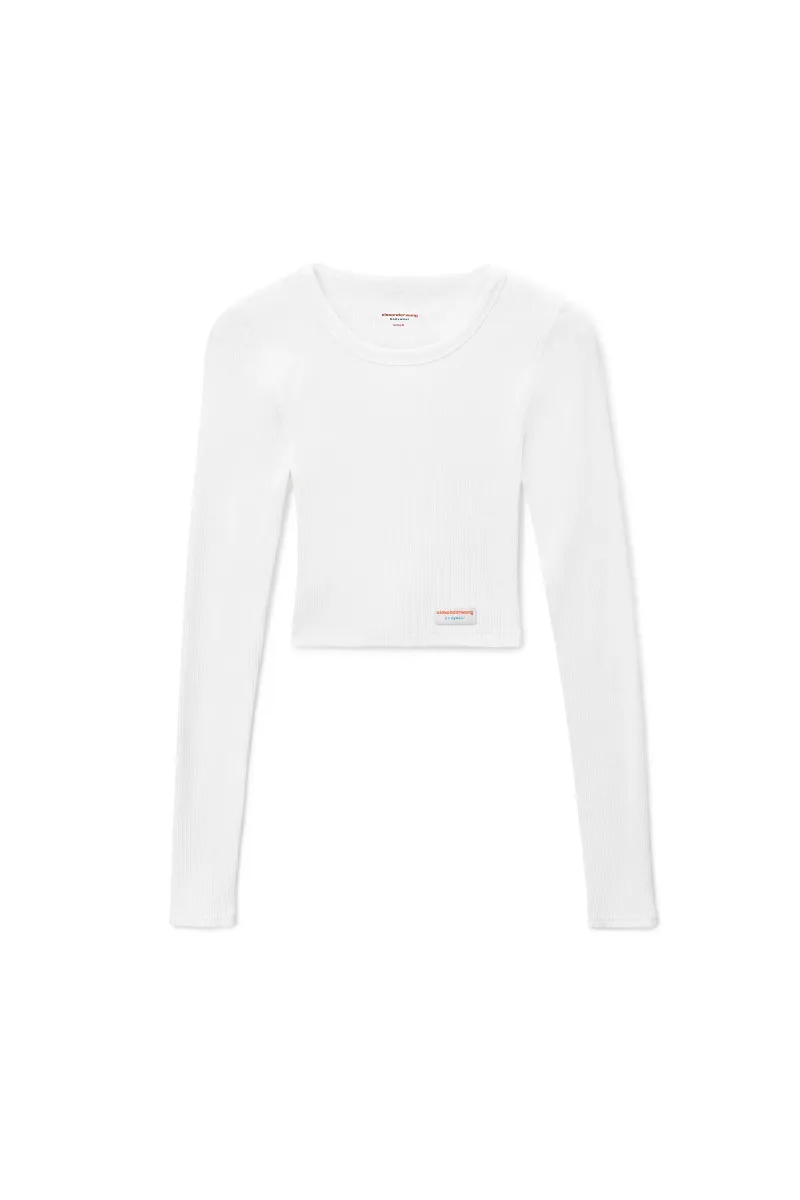 Cropped Long-Sleeve Tee in Ribbed Cotton Jersey