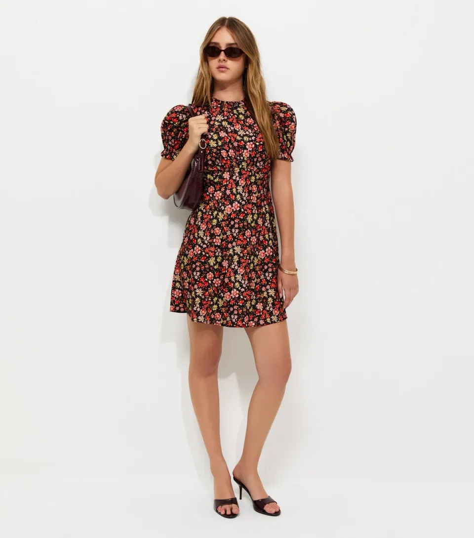 Women's Black Floral Puff Sleeve Mini Tea Dress