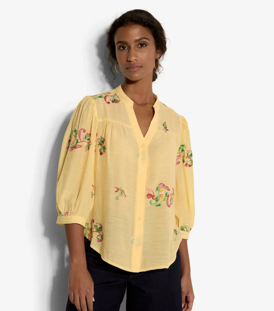 Women's Yellow Slubbed Floral Embroidered Blouse