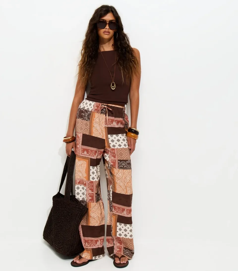 Women's Brown Patchwork Wide Leg Trousers