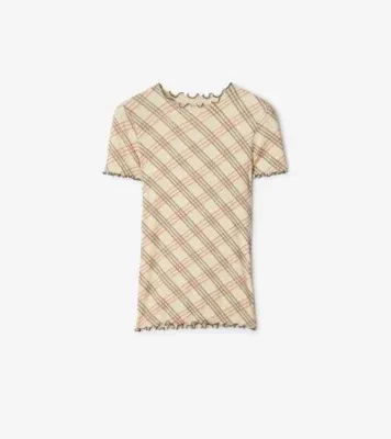 Check Stretch Cotton T-shirt in Teacup pink