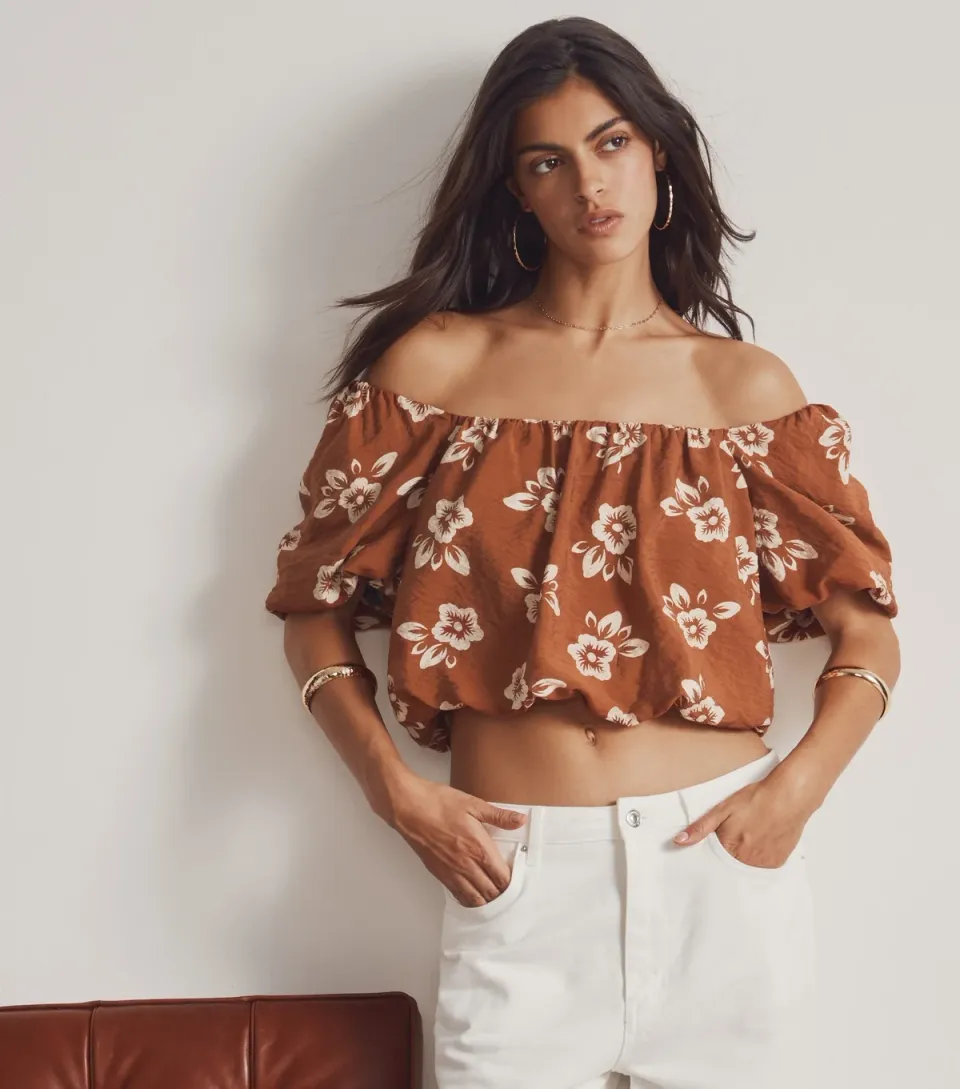 Women's Brown Floral Print Puff Sleeve Crop Top