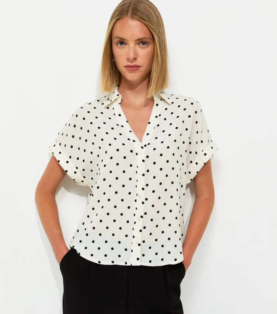 Women's White Polka Dot Short Sleeve Shirt