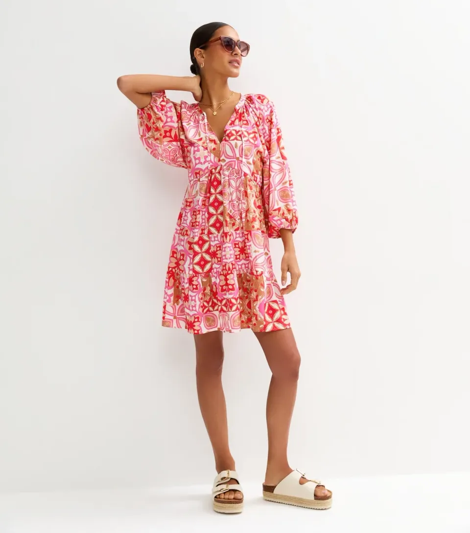 Women's Pink Tile Print Mini Smock Dress