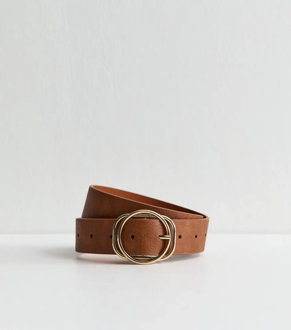 Tan Faux Leather Circle and Rectangle Buckle Belt