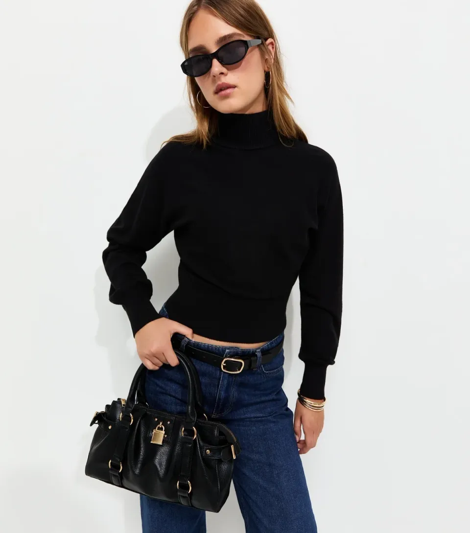 Women's Black High Neck Batwing Sleeve Knitted Jumper